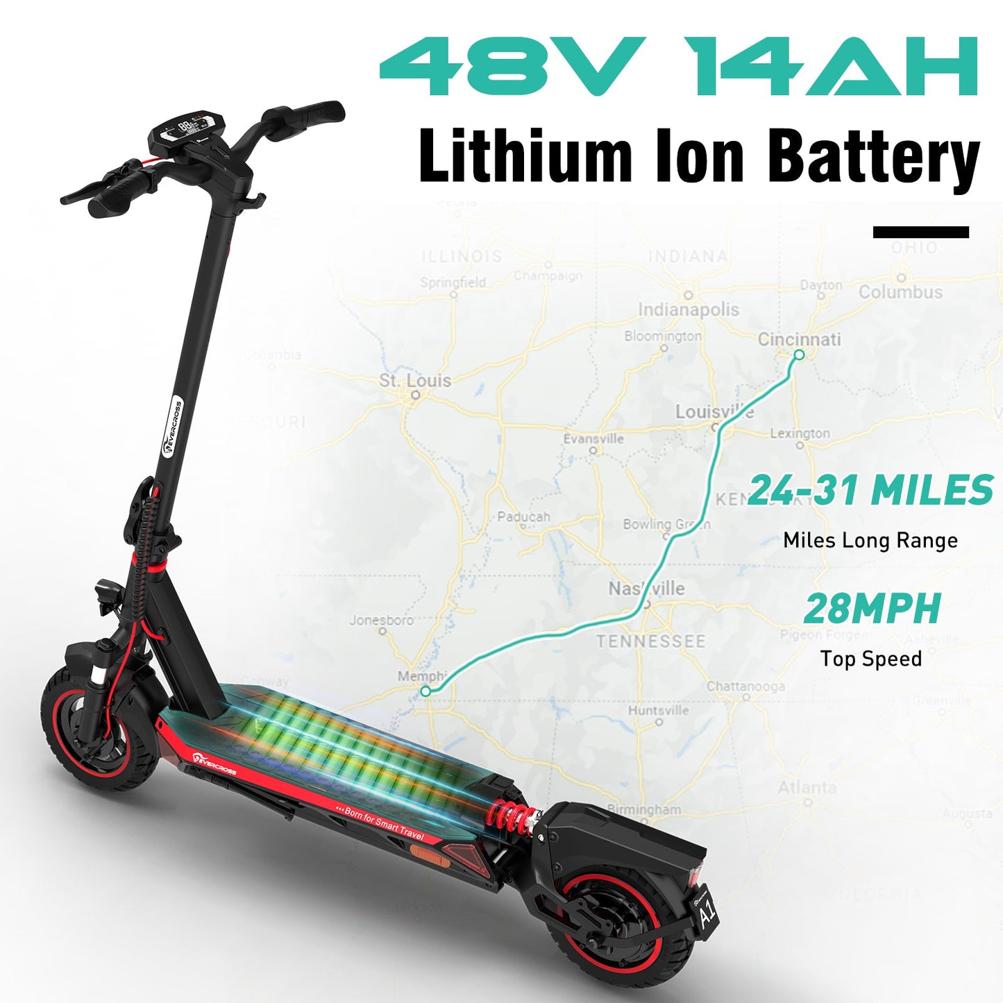 Scooter électrique adulte Evercross A1 - Commandes d'application de banlieue portables de 800 watts