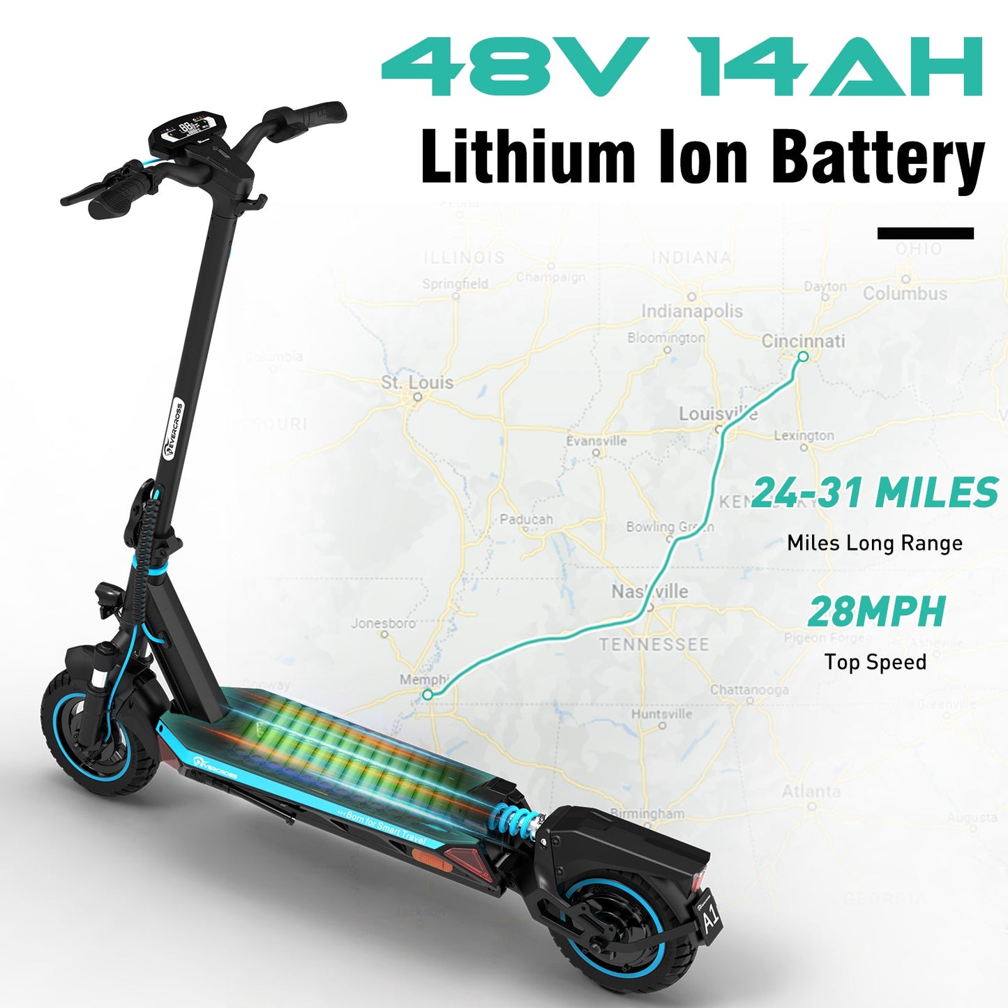 Scooter électrique adulte Evercross A1 - Commandes d'application de banlieue portables de 800 watts